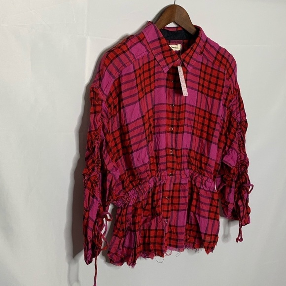 Free People Pacific Dawn Plaid Shirt Red Combo - Picture 4 of 8